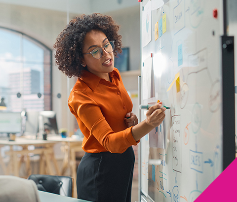 a young business woman writing leadership strategy on a whiteboard 